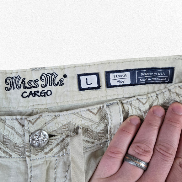 Miss Me Beige Linen Blend Wide Leg Cargo Boho Pants Size Large Y2K 2010s Style - Picture 5 of 14
